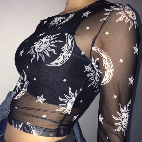 Black mesh sun moon & stars sheer crop top - Picture 8 of 15